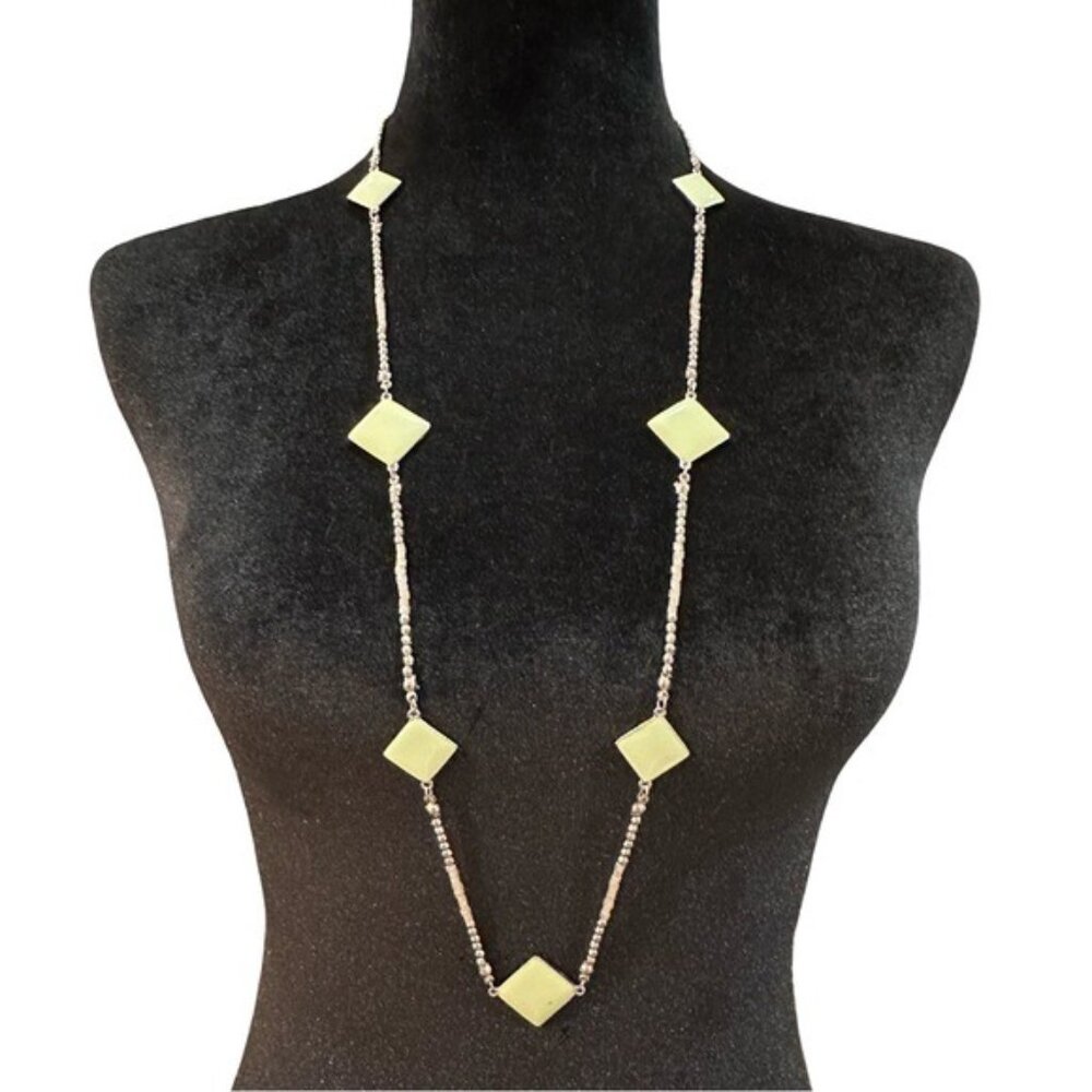 Long Silver Beaded Necklace With Green Diamond-Shaped Accents & Lobster Claw Cla